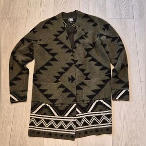 FRYE Olive & Black Aztec Pattern Open-Front Cardigan with Cream Trim